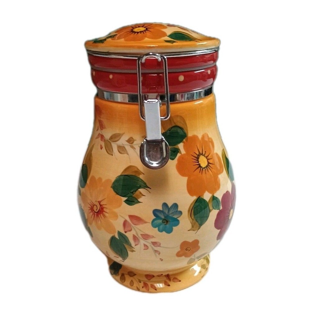 VTG Oneida Sunset Bouquet Hand Painted Ceramic Canister Airtight Hinged Lid 8" - Picture 1 of 16